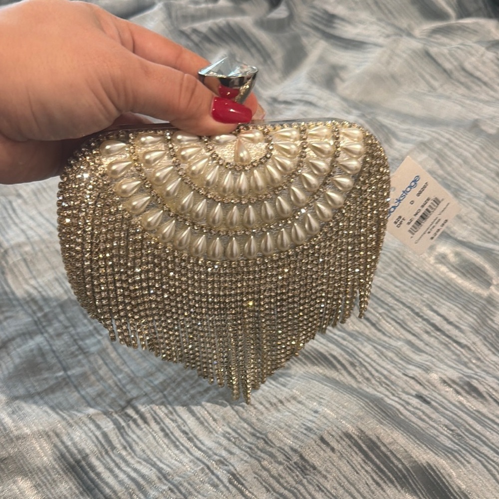 Elegant Ivory & Gold Crystal Fringe Evening Clutch - Natasha